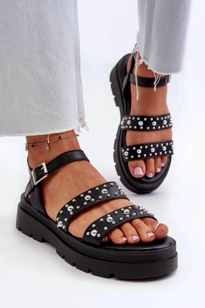 Sandały Płaskie>Boto Damskie Zdobione Sandały Eko Skóra Czarne Arcida