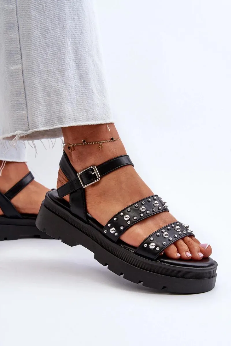 Sandały Płaskie>Boto Damskie Zdobione Sandały Eko Skóra Czarne Arcida