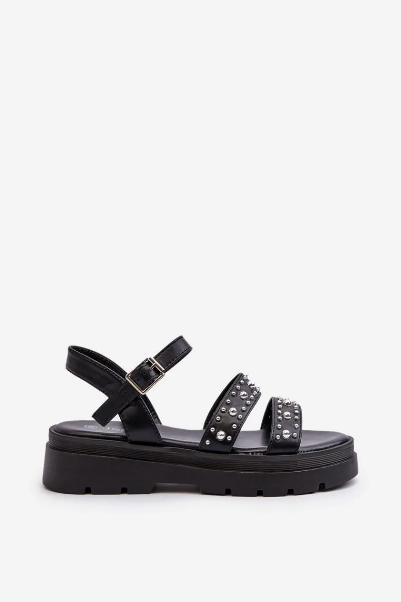 Sandały Płaskie>Boto Damskie Zdobione Sandały Eko Skóra Czarne Arcida