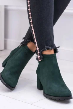 Outlet Boto Damskie Zielone Skórzane Botki Na Słupku Nicole