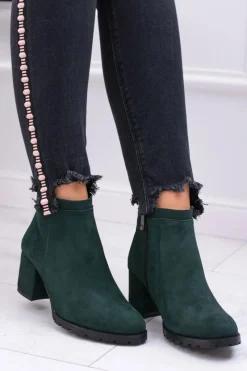 Outlet Boto Damskie Zielone Skórzane Botki Na Słupku Nicole