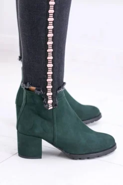Outlet Boto Damskie Zielone Skórzane Botki Na Słupku Nicole