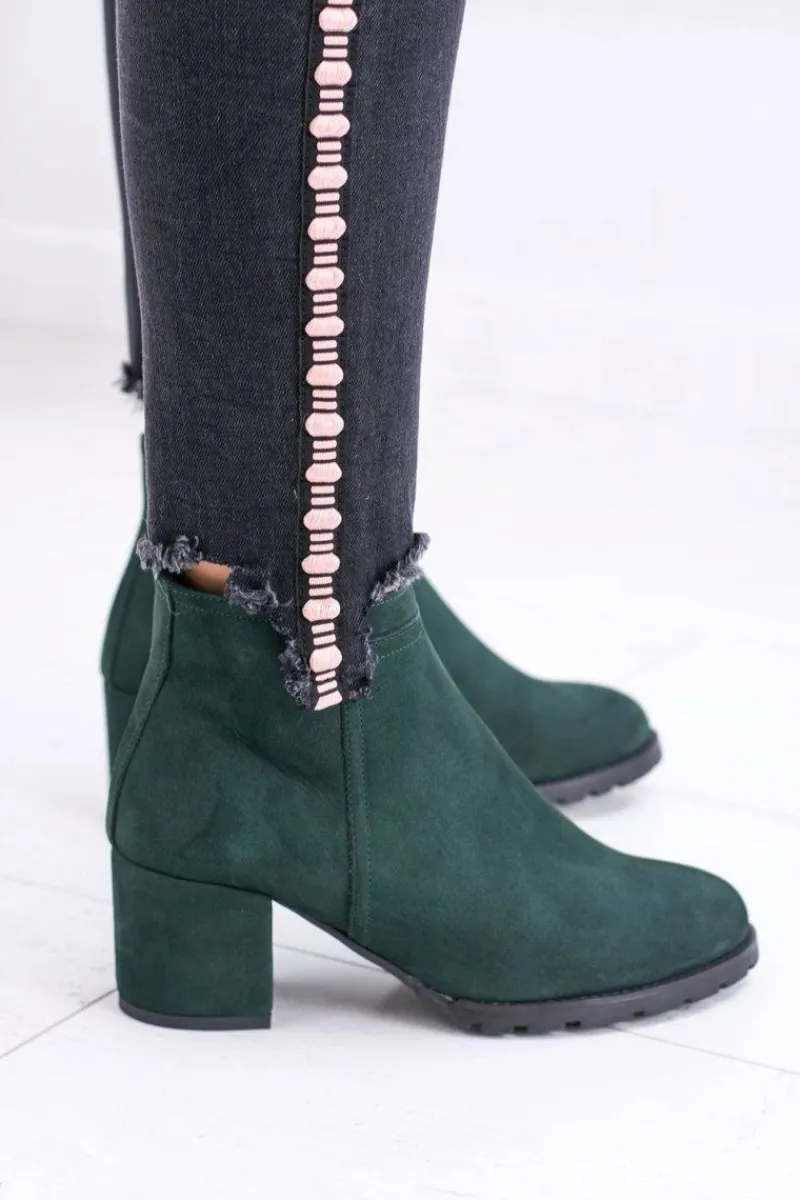 Outlet Boto Damskie Zielone Skórzane Botki Na Słupku Nicole