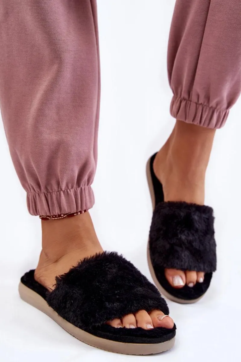 New INBLU Domowe Papcie Klapki Z Futerkiem EK-05-014 Czarne