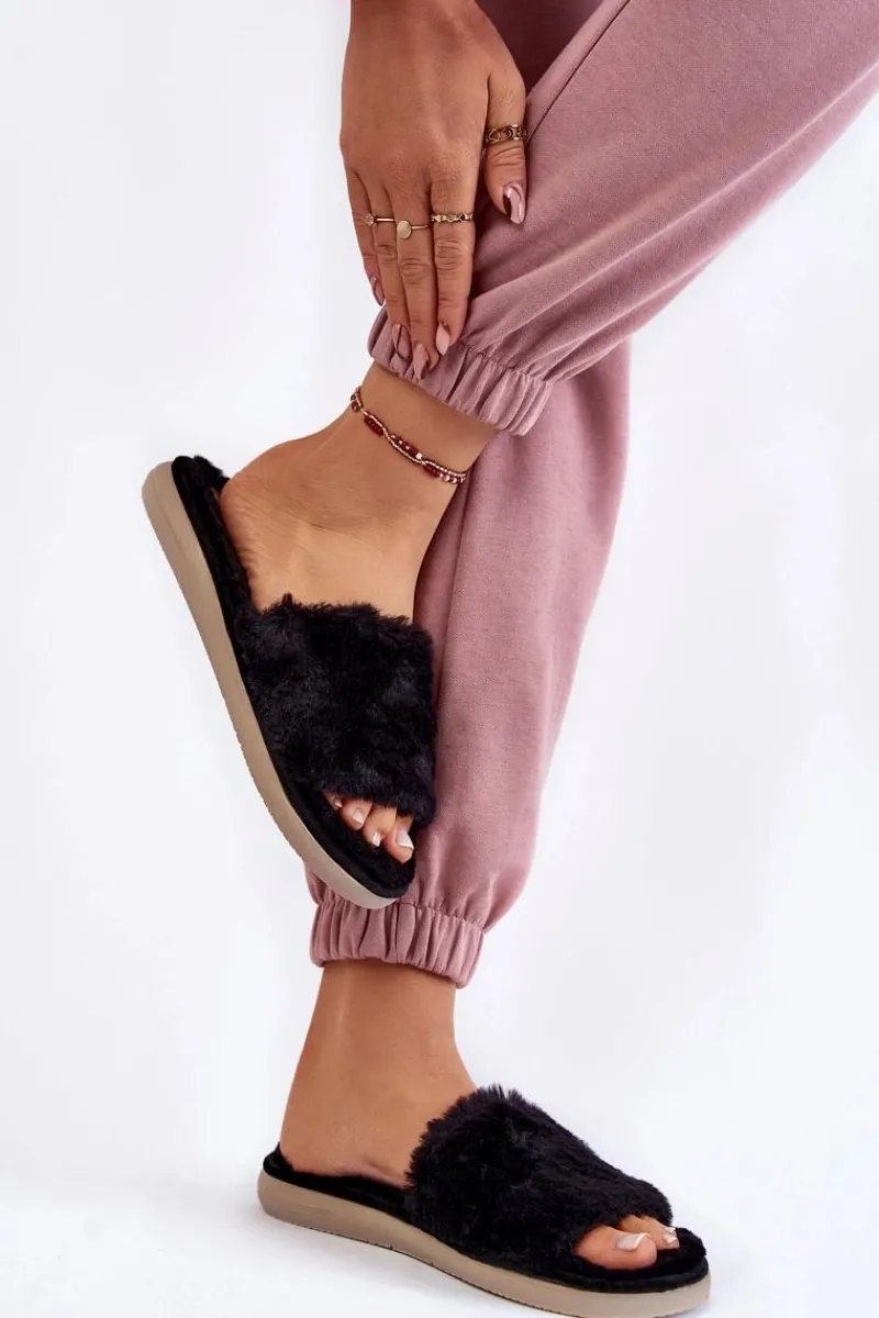 New INBLU Domowe Papcie Klapki Z Futerkiem EK-05-014 Czarne