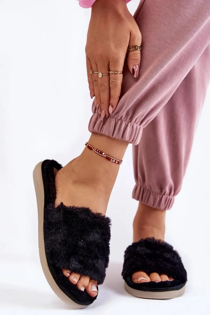 New INBLU Domowe Papcie Klapki Z Futerkiem EK-05-014 Czarne