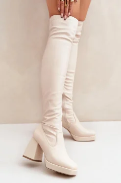 Kozaki Ocieplane|Muszkieterki>Boto Dopasowane Kozaki Za Kolano Na Słupku Jasnobeżowe Sanniraen Beżowy