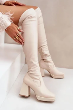 Kozaki Ocieplane|Muszkieterki></noscript>Boto Dopasowane Kozaki Za Kolano Na Słupku Jasnobeżowe Sanniraen Beżowy