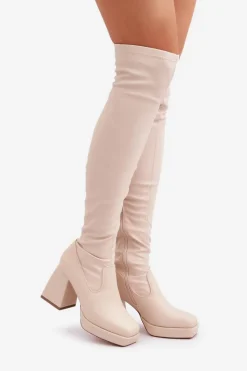 Kozaki Ocieplane|Muszkieterki></noscript>Boto Dopasowane Kozaki Za Kolano Na Słupku Jasnobeżowe Sanniraen Beżowy