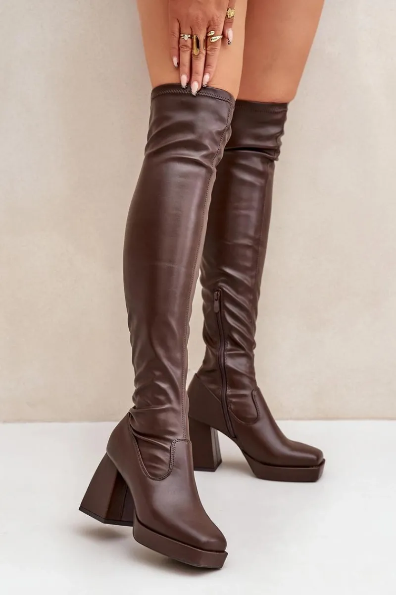 Kozaki Ocieplane|Muszkieterki>Boto Dopasowane Kozaki Za Kolano Na Słupku Ciemnobrązowe Sanniraen