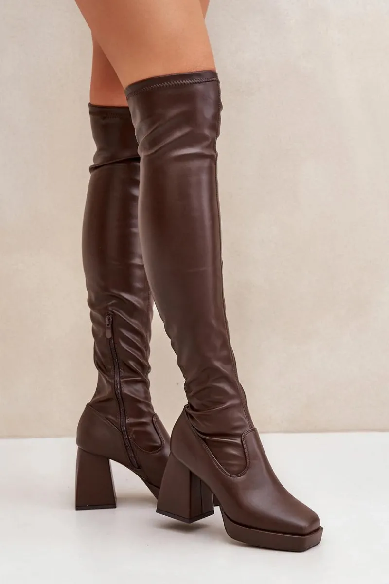 Kozaki Ocieplane|Muszkieterki>Boto Dopasowane Kozaki Za Kolano Na Słupku Ciemnobrązowe Sanniraen