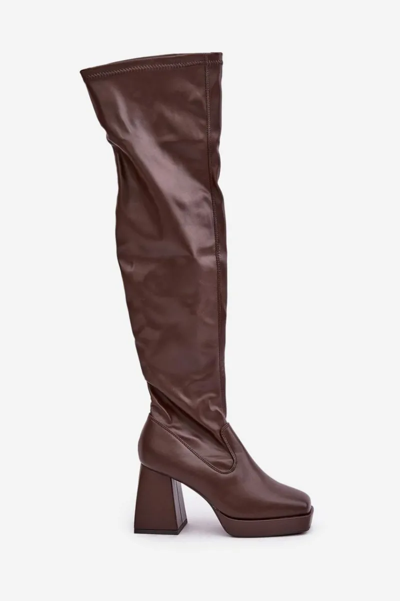 Kozaki Ocieplane|Muszkieterki>Boto Dopasowane Kozaki Za Kolano Na Słupku Ciemnobrązowe Sanniraen