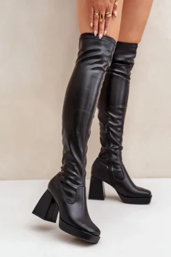 Hot Boto Dopasowane Kozaki Za Kolano Na Słupku Czarne Sanniraen Czarny