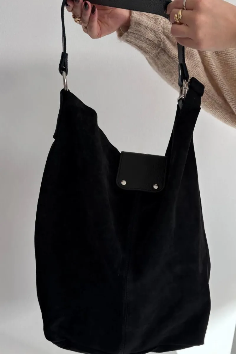 Torebki Klasyczne>Boto Duża Skórzana Zamszowa Torebka Czarna Hanelle Czarny