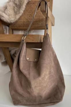 Clearance Boto Duża Skórzana Zamszowa Torebka Ciemnobeżowa Hanelle Beżowy