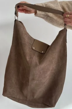 Clearance Boto Duża Skórzana Zamszowa Torebka Ciemnobeżowa Hanelle Beżowy