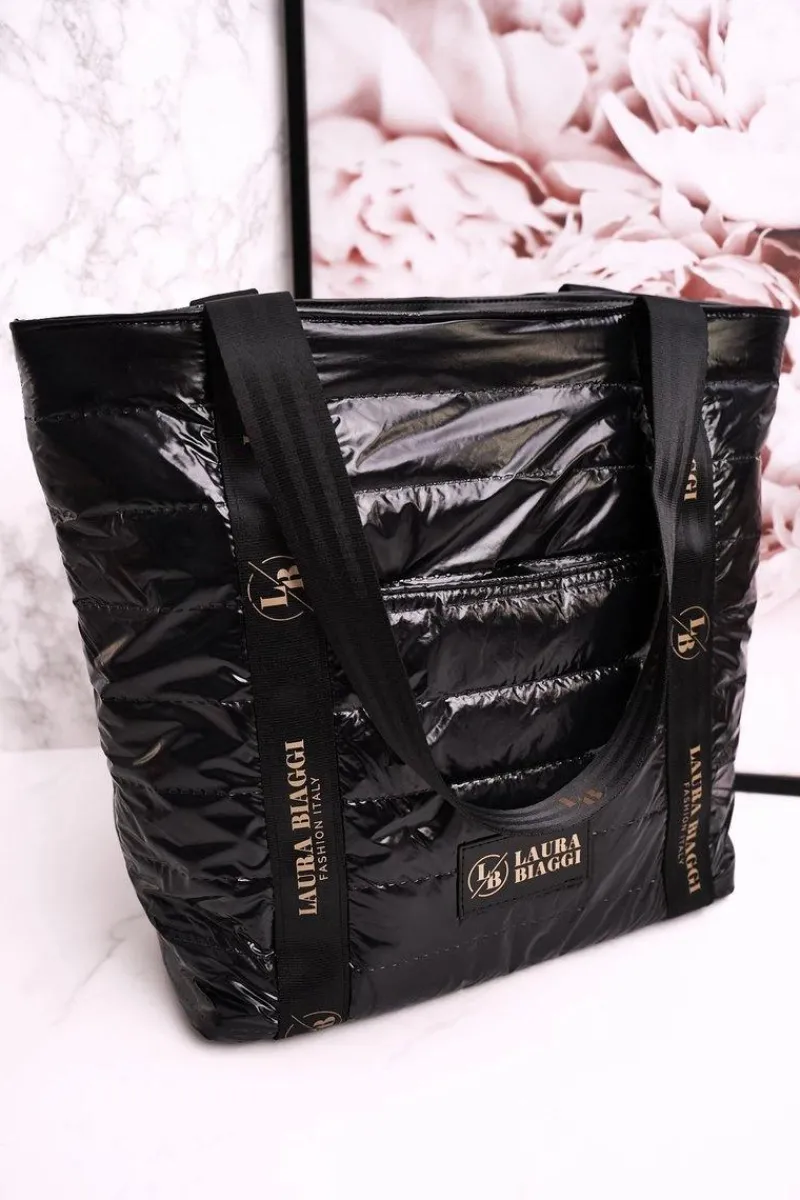 Outlet Duża Torba Shopper LAURA BIAGGI Czarna Złote Logo Torebki Klasyczne