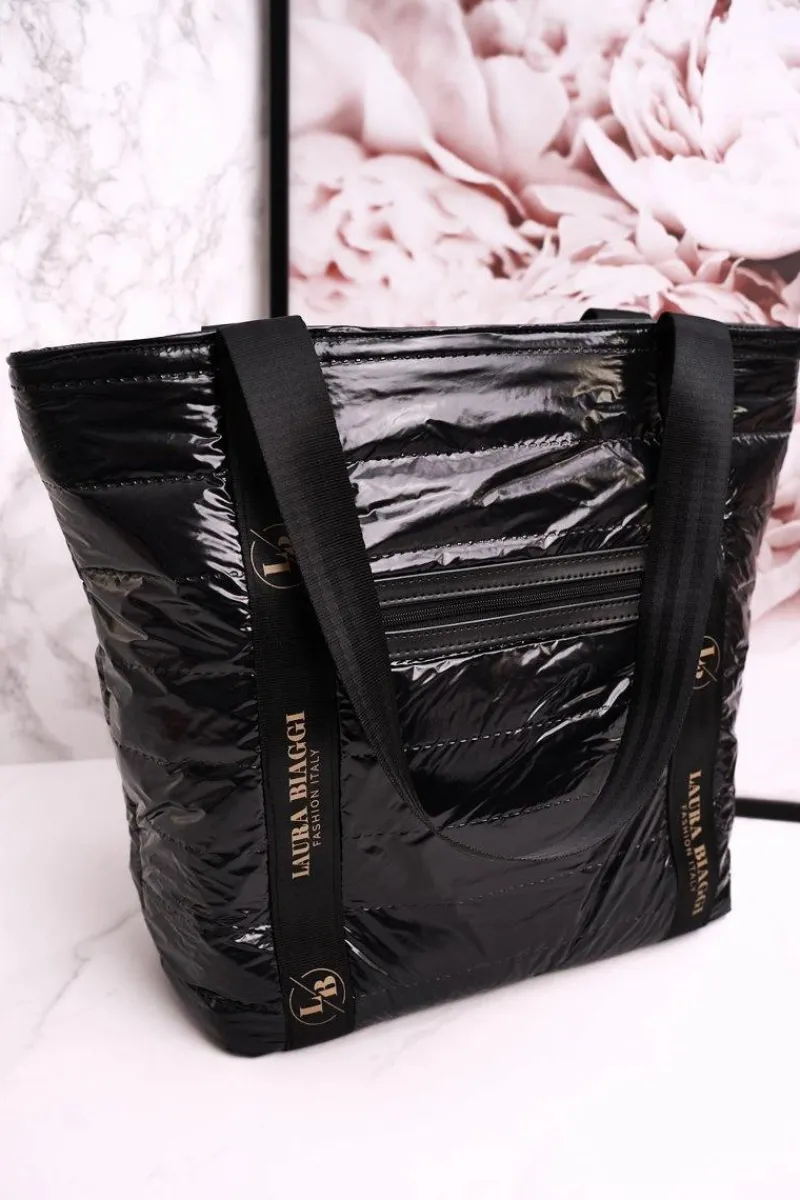 Outlet Duża Torba Shopper LAURA BIAGGI Czarna Złote Logo Torebki Klasyczne