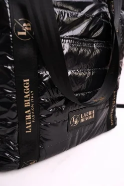 Outlet Duża Torba Shopper LAURA BIAGGI Czarna Złote Logo Torebki Klasyczne