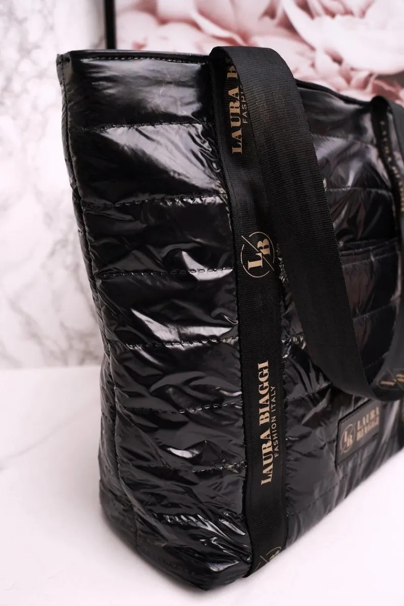 Outlet Duża Torba Shopper LAURA BIAGGI Czarna Złote Logo Torebki Klasyczne