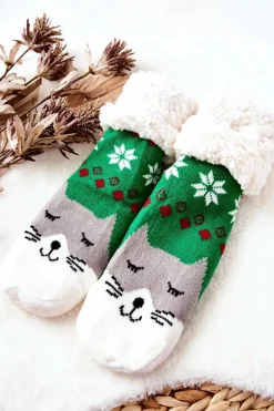 Discount Długie Skarpetki Świąteczny Wzór Kot Zielone Skarpetki|Skarpetki