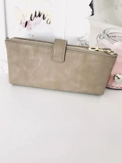 Clearance Boto Duży Damski Beżowy Portfel Złote Okucia