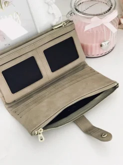 Clearance Boto Duży Damski Beżowy Portfel Złote Okucia