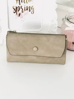 Outlet Duży Damski Beżowy Portfel z Brelokiem Serduszko Portfele