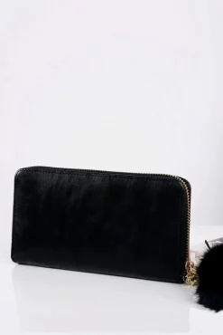 Portfele>Boto Duży Damski Czarny Portfel Złoty Zamek Brelok Futerko