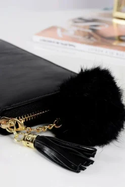 Portfele>Boto Duży Damski Czarny Portfel Złoty Zamek Brelok Futerko