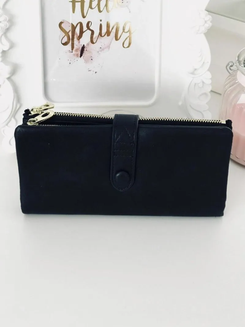 New Duży Damski Czarny Portfel Złote Okucia Portfele