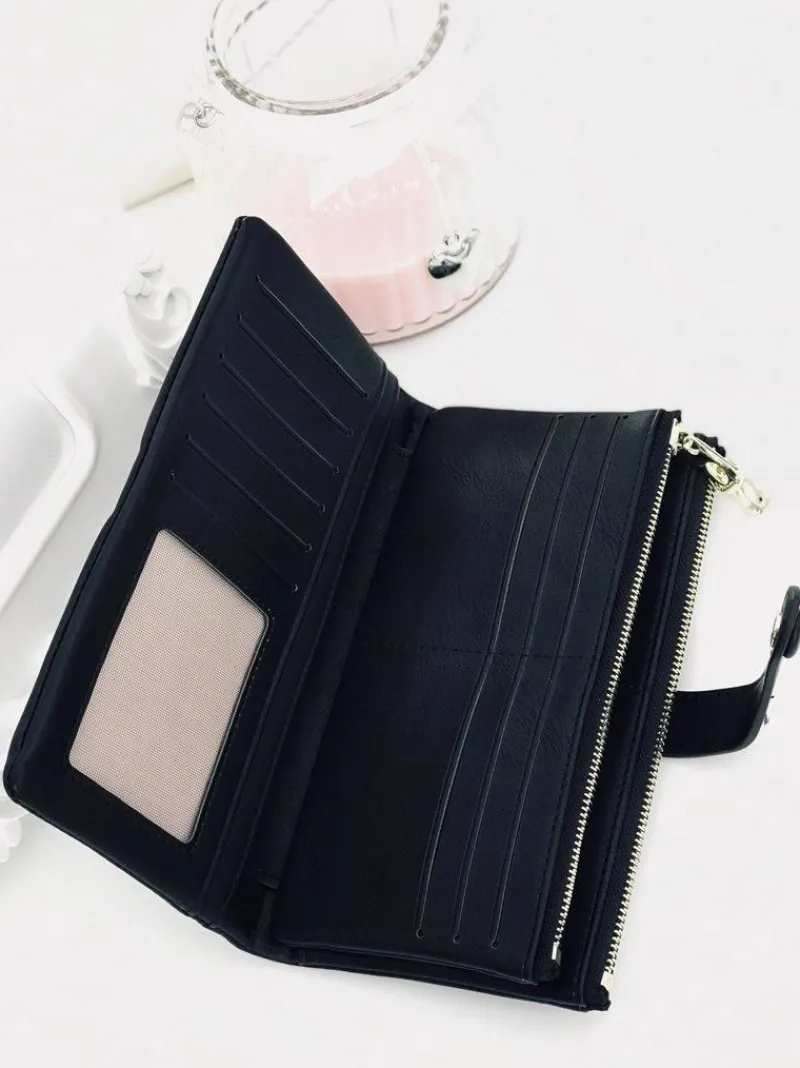 New Duży Damski Czarny Portfel Złote Okucia Portfele