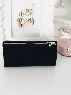 New Duży Damski Czarny Portfel Złote Okucia Portfele