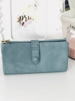 Outlet Duży Damski Niebieski Portfel Złote Okucia Portfele