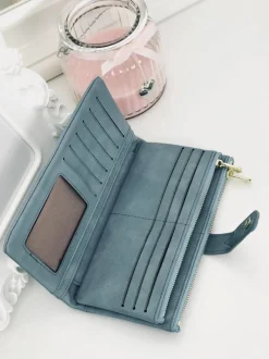 Outlet Duży Damski Niebieski Portfel Złote Okucia Portfele