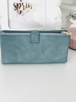 Outlet Duży Damski Niebieski Portfel Złote Okucia Portfele