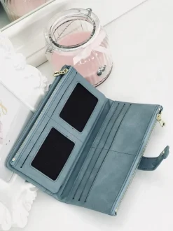 Outlet Duży Damski Niebieski Portfel Złote Okucia Portfele