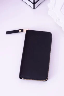 Sale Duży Damski Prążkowany Czarny Portfel Złote Okucia Portfele