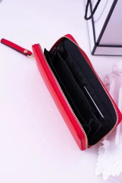 Sale Boto Duży Damski Prążkowany Czerwony Portfel Złote Okucia