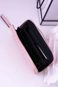 Portfele>Boto Duży Damski Prążkowany Różowy Portfel Złote Okucia