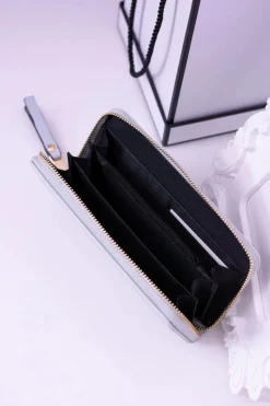 Hot Boto Duży Damski Prążkowany Szary Portfel Złote Okucia