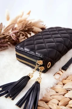 Hot Duży Pikowany Portfel Na Suwaki Czarny Portfele