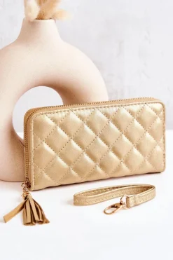 New Duży Pikowany Portfel Z Frędzelkiem Złoty Selley Portfele