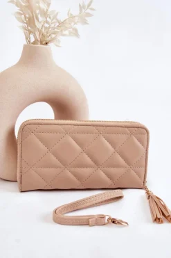 Clearance Duży Pikowany Portfel Z Paseczkiem Beżowy Jeffrey Portfele