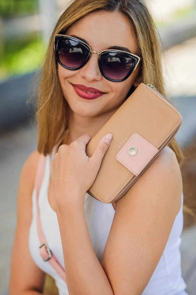 Outlet Boto Duży Portfel Damski Na Suwak Brązowo-Różowy Huntress