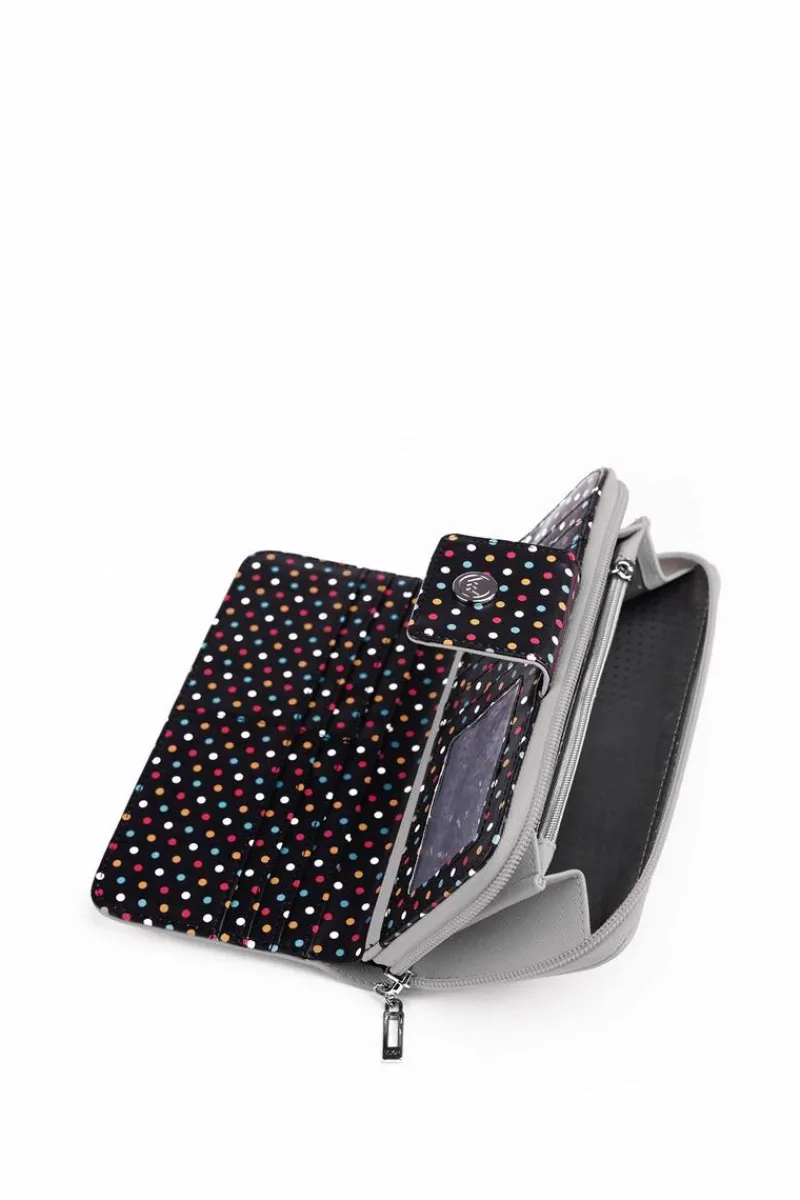 Outlet Duży Portfel Damski Na Suwak Kropki Szary Huntress Portfele