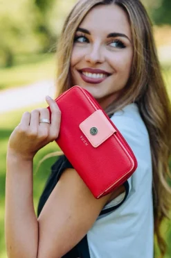 Outlet Duży Portfel Damski Na Suwak Czerwono-Pomarańczowy Huntress Portfele