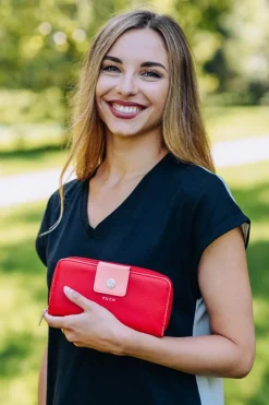 Outlet Duży Portfel Damski Na Suwak Czerwono-Pomarańczowy Huntress Portfele