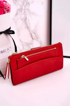 Portfele>Boto Duży Portfel Damski Z Dodatkową Portmonetką I Frędzlami Czerwony