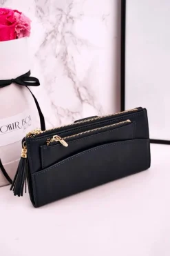 Outlet Boto Duży Portfel Damski Z Dodatkową Portmonetką I Frędzlami Granatowy